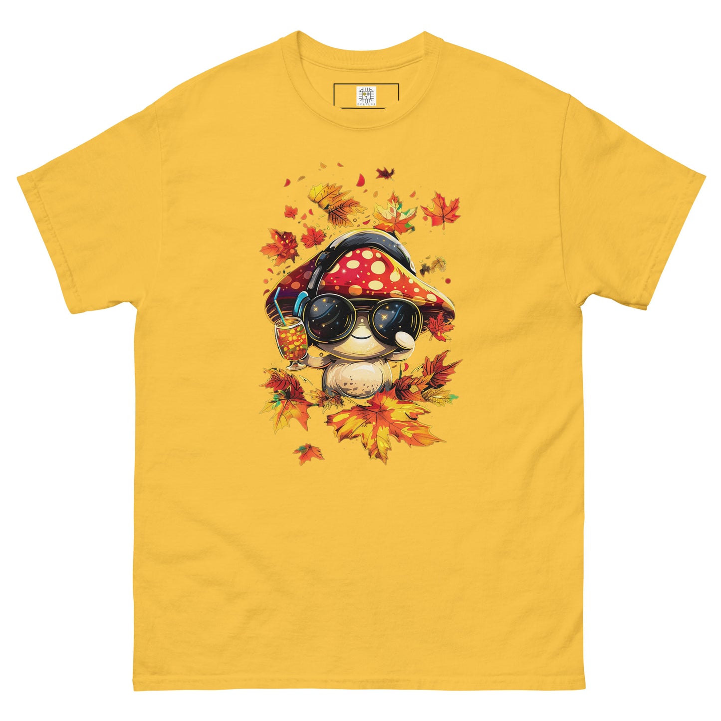 Mustard yellow flat lay T-shirt – Unisex yellow autumn tee with funny mushroom design and colorful fall leaves, MushLOL Collection.