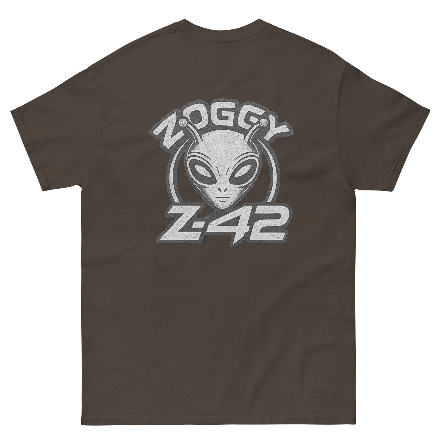 Brown unisex T-shirt — front left chest small grey alien head with text ZOGGY Z-42