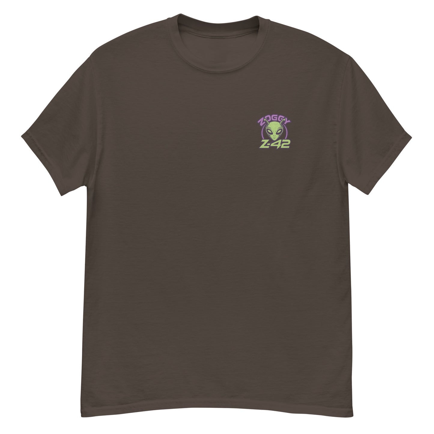 Brown unisex T-shirt — back print: green alien with planets and text MADE OF STARDUST AND BAD DECISIONS