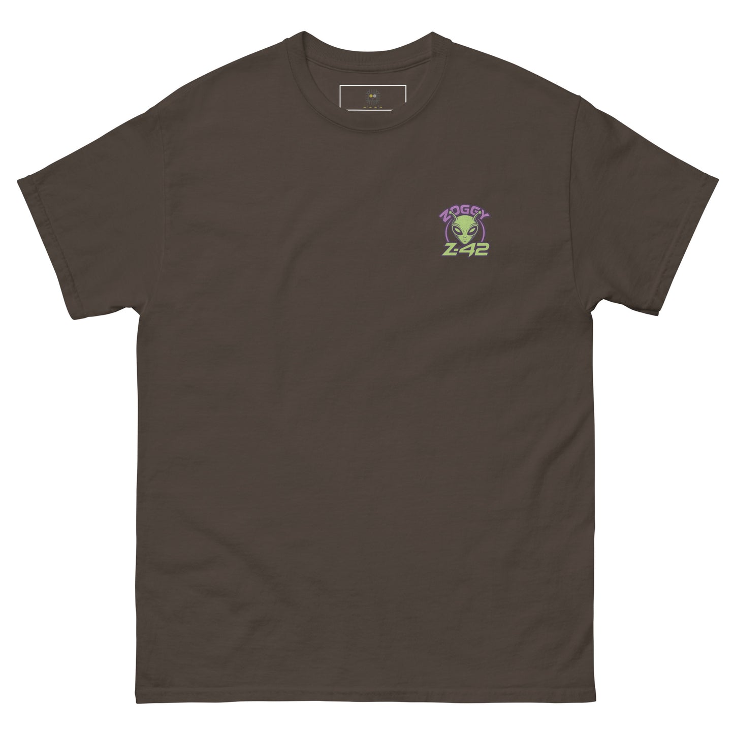Brown unisex T-shirt — back print: green alien with text OFFICIALLY TOO ALIEN FOR YOU HUMANS
