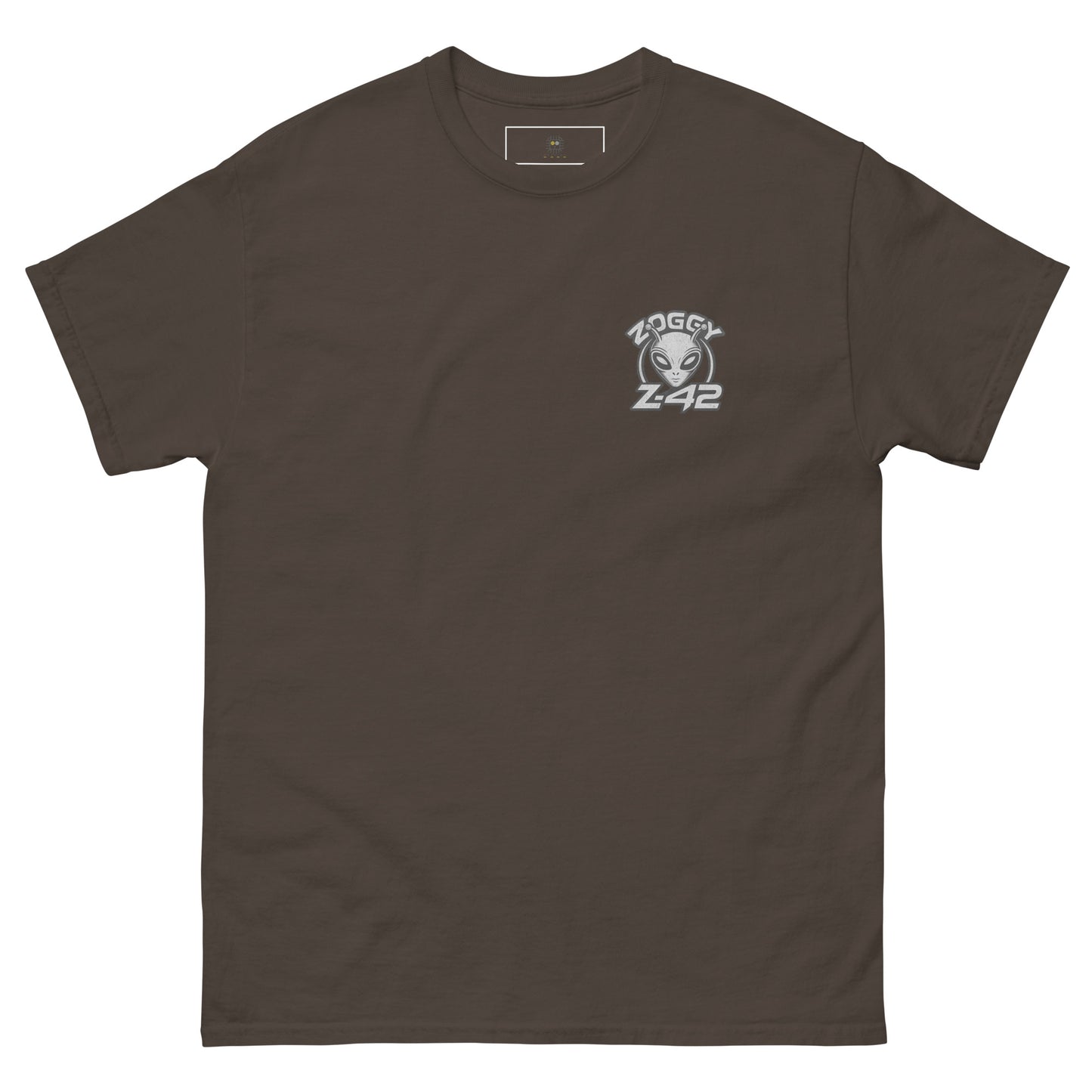 Brown unisex T-shirt — back print: large grey alien head with text ZOGGY Z-42