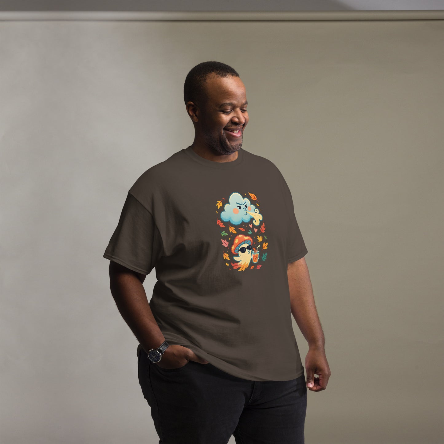 Male model in gray T-shirt – Man in dark gray autumn t-shirt with playful mushroom design, MushLOL Collection.