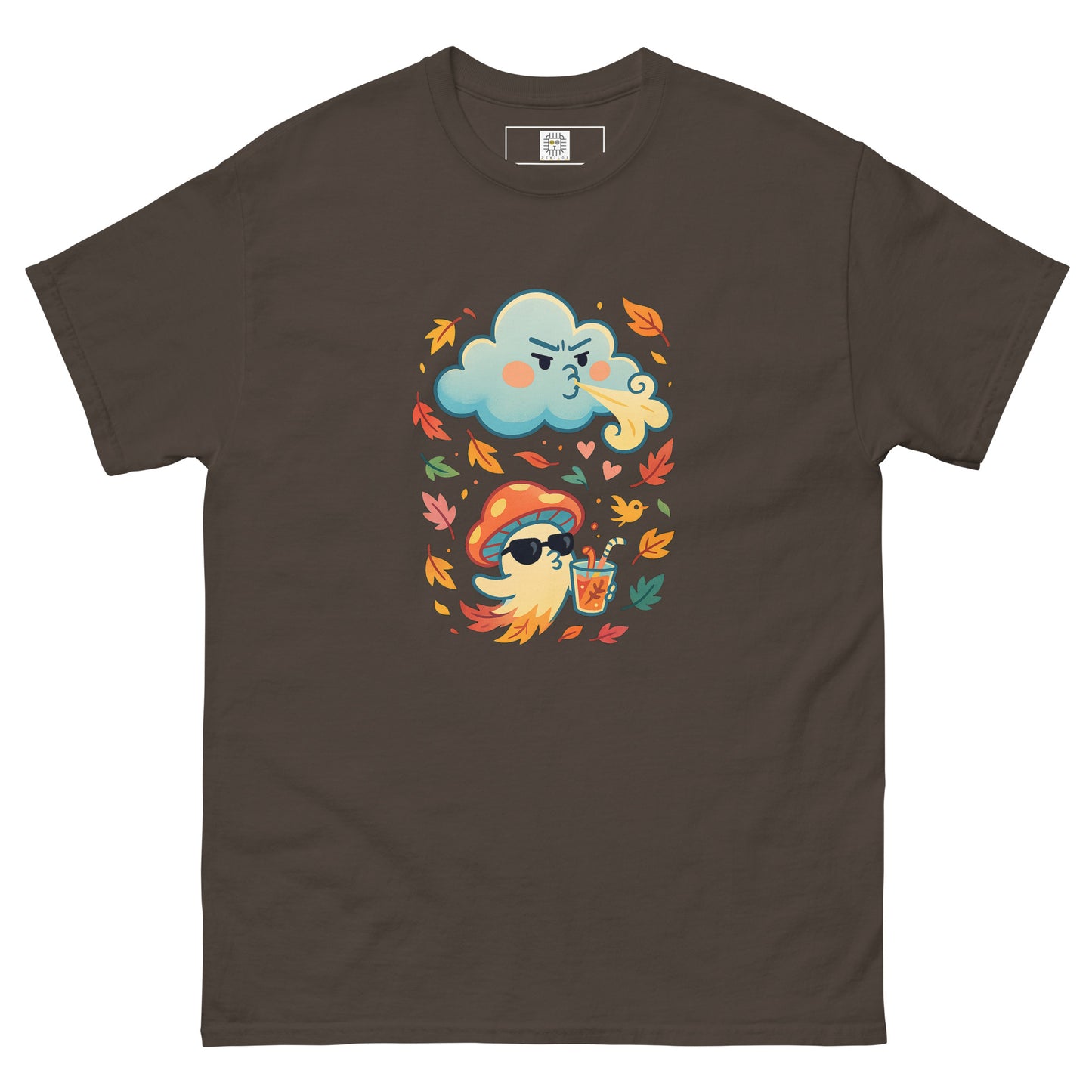 Brown flat lay T-shirt – Dark brown tee with playful mushroom and autumn design, MushLOL Collection.
