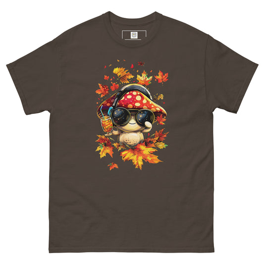 Brown flat lay T-shirt – Dark brown autumn t-shirt with cartoon mushroom in sunglasses surrounded by fall leaves, MushLOL Collection.