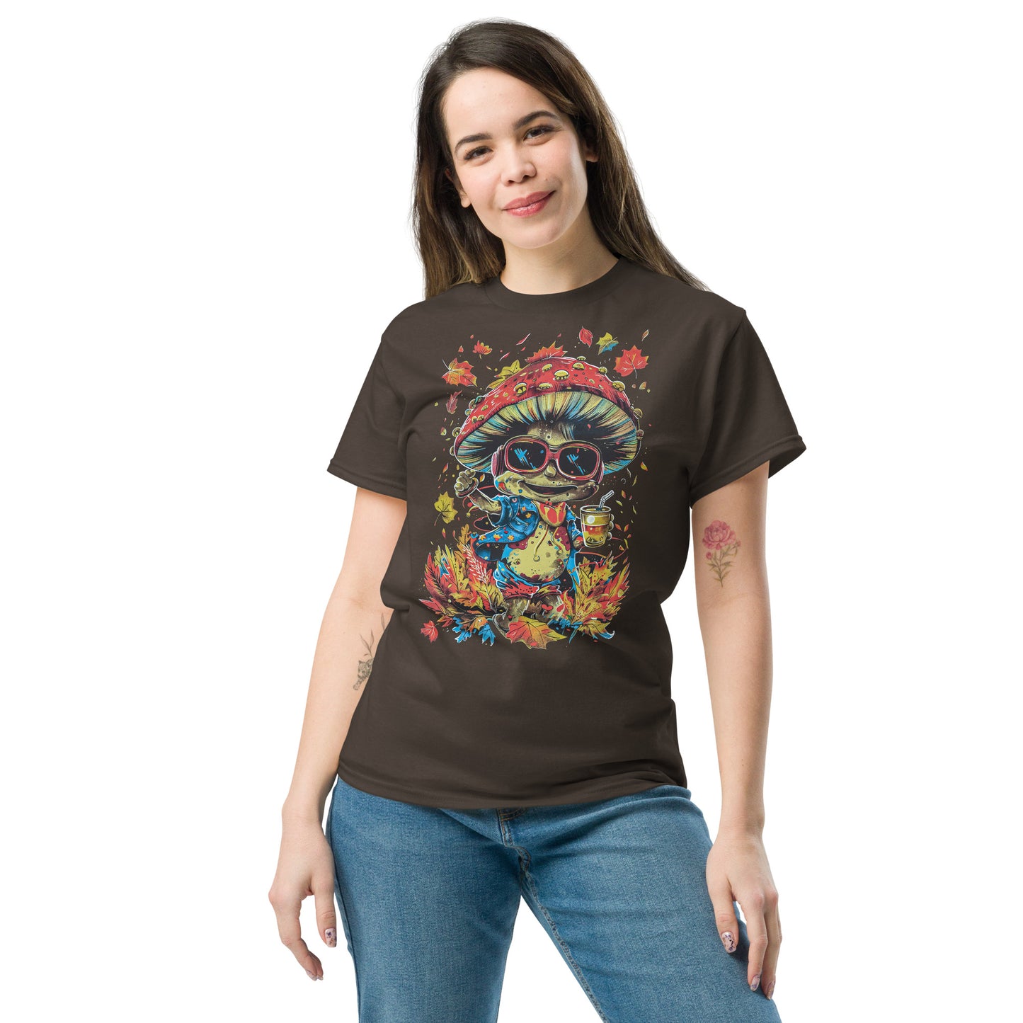 A female model in a black T-shirt with the mushroom character, smiling casually.