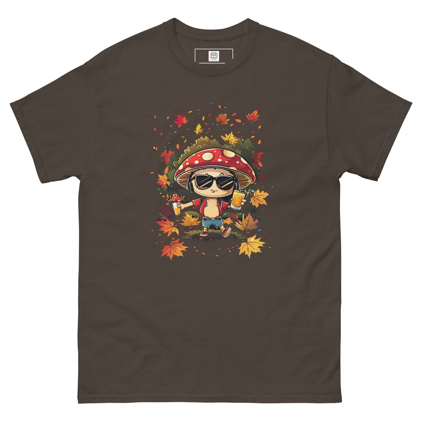 Dark brown T-shirt flat lay with mushroom and fall colors.