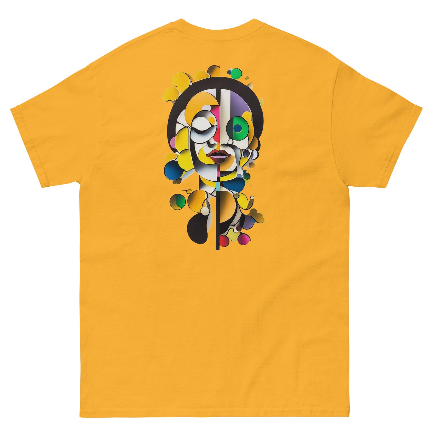 Yellow unisex T-shirt — back print: colorful illustrated face