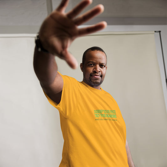 Male model wearing yellow T-shirt — front text: LOSING MY MIND LOVE CHAOS