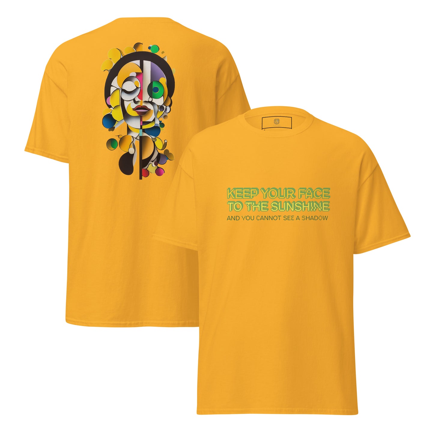 Yellow unisex T-shirt — back print: colorful illustrated face, front text: LOSING MY MIND LOVE CHAOS