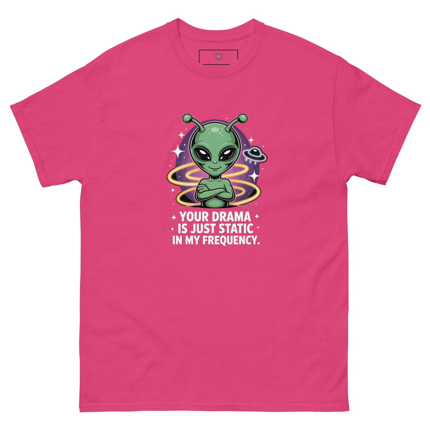 Purple unisex T-shirt — front print: green alien with colorful background and text YOUR DRAMA IS NOT SPEAKING MY FREQUENCY