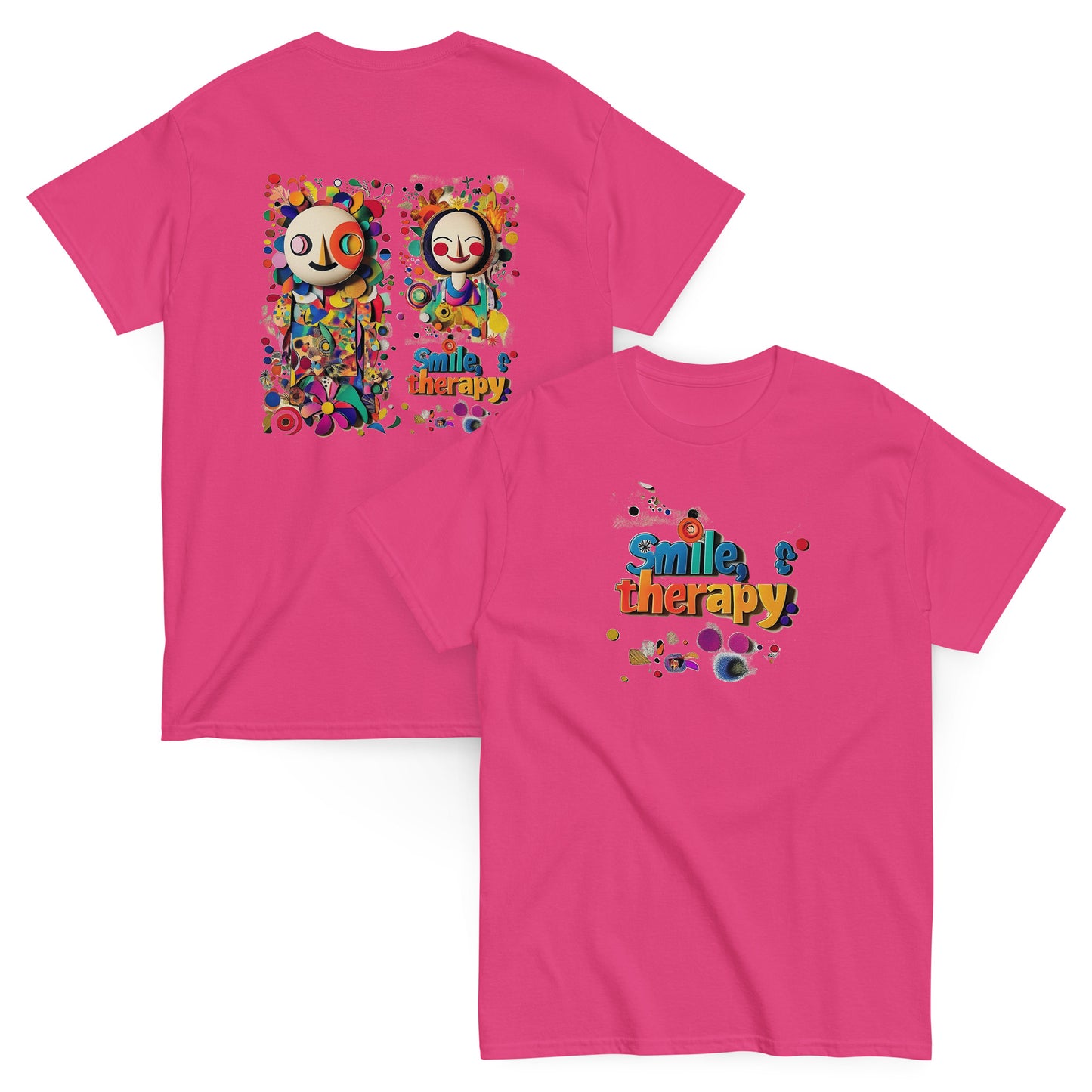 Pink unisex T-shirt – Colorful abstract art design, back view.Pink unisex T-shirt – Colorful abstract art design, front view.