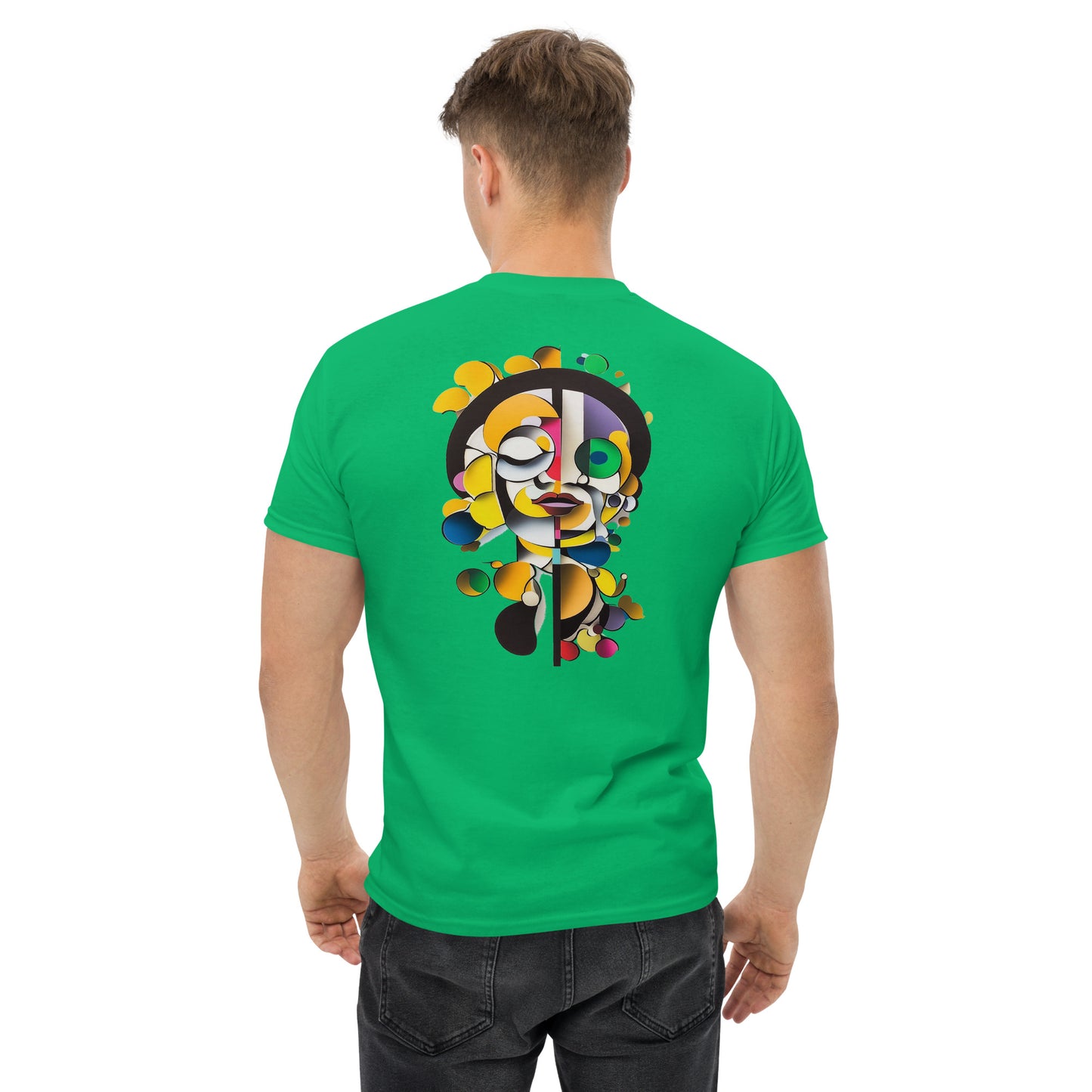 Green unisex T-shirt — back print: colorful illustrated face