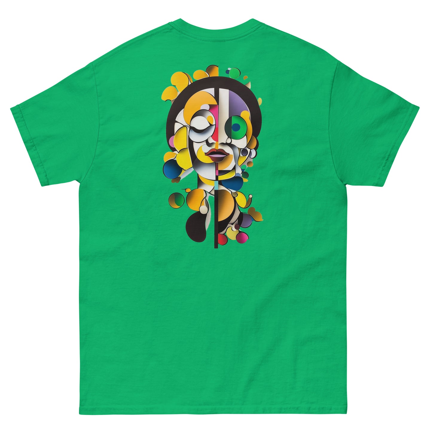 Green unisex T-shirt — back print: colorful illustrated face