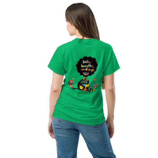 Female model wearing a green T-shirt with colorful sugar skull back print and “Make Every Day Count” text