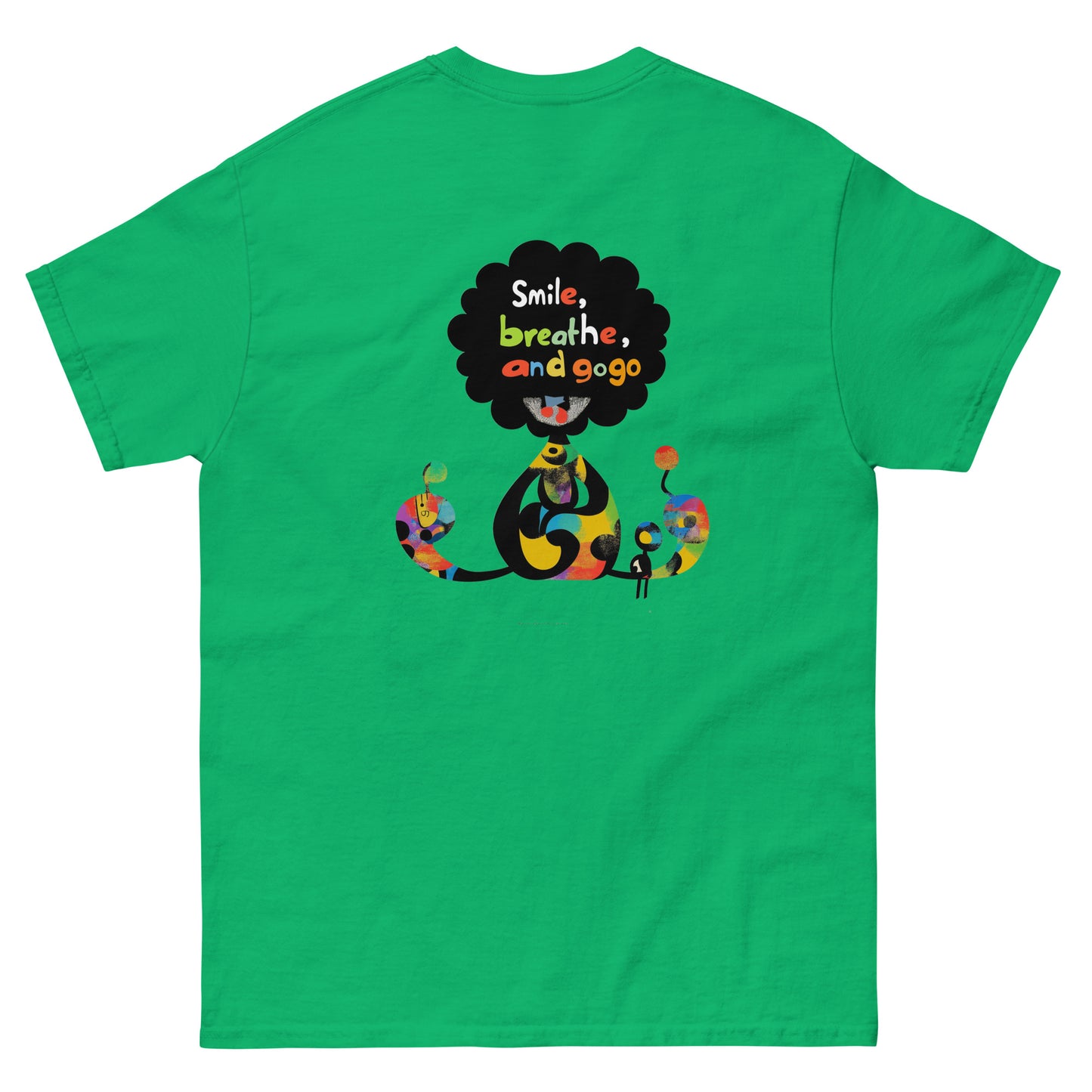 Green unisex T-shirt with colorful sugar skull front print and “Be Happy” text