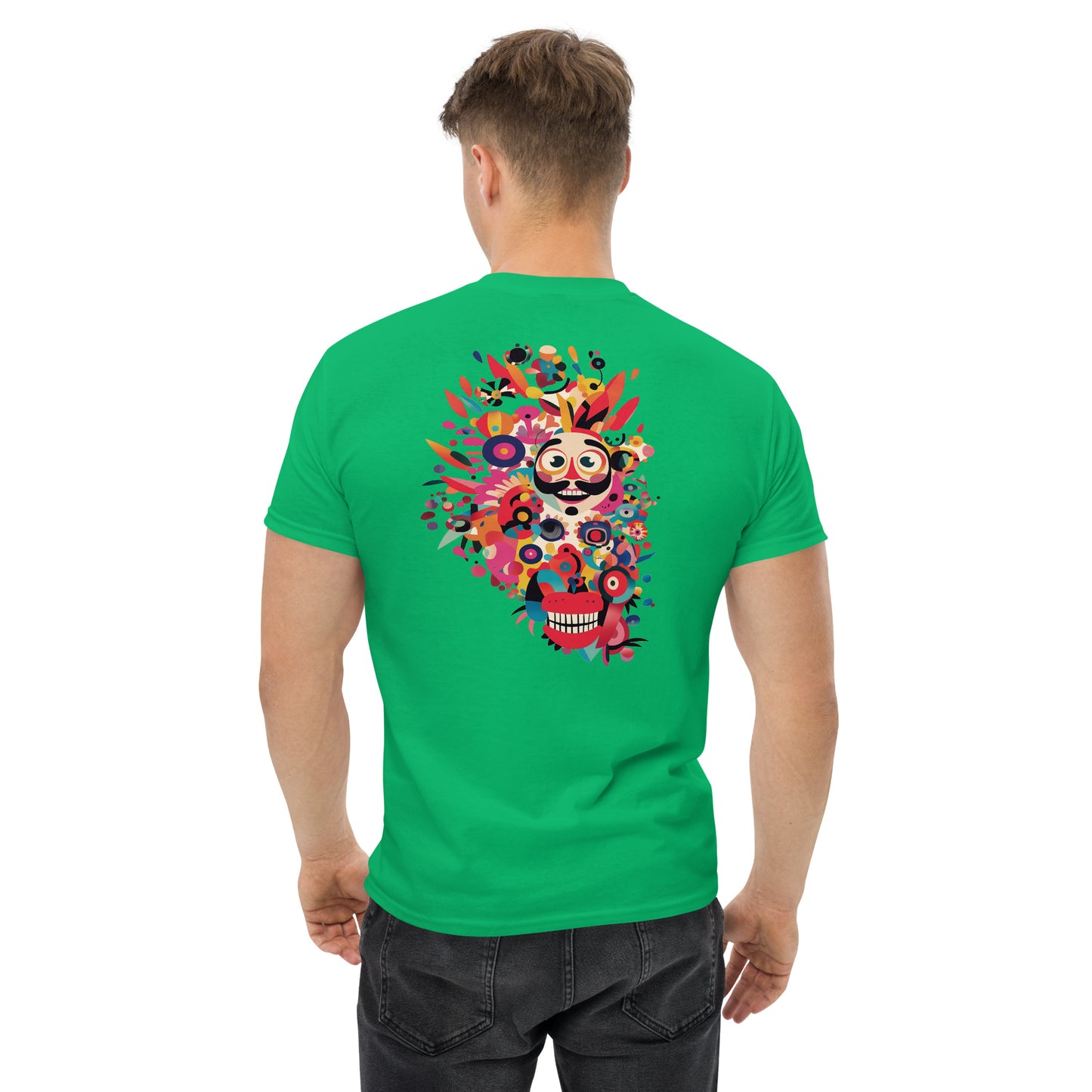 Green unisex T-shirt with a large multicolor abstract face design on the back. Eye-catching artistic print