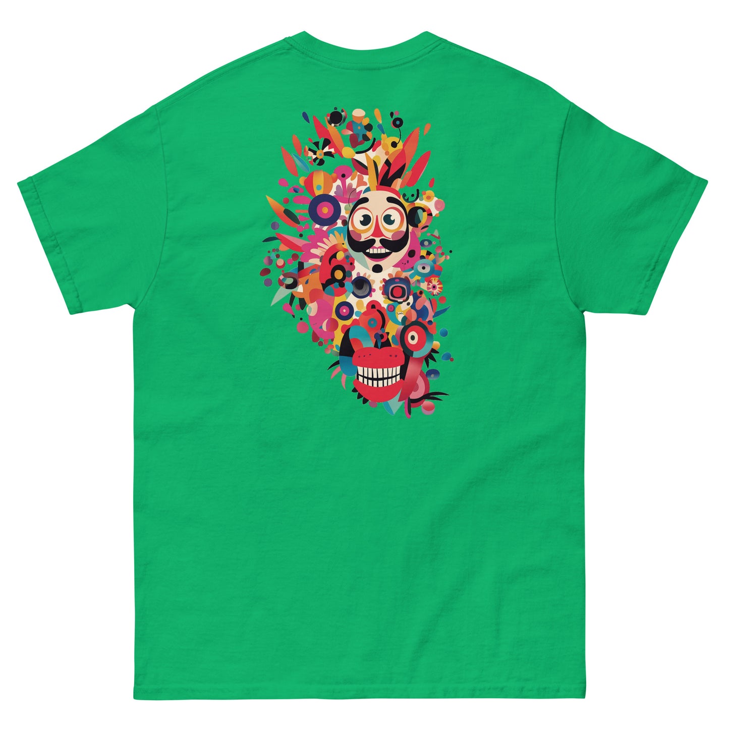 Green unisex T-shirt with a large multicolor abstract face design on the back. Eye-catching artistic print