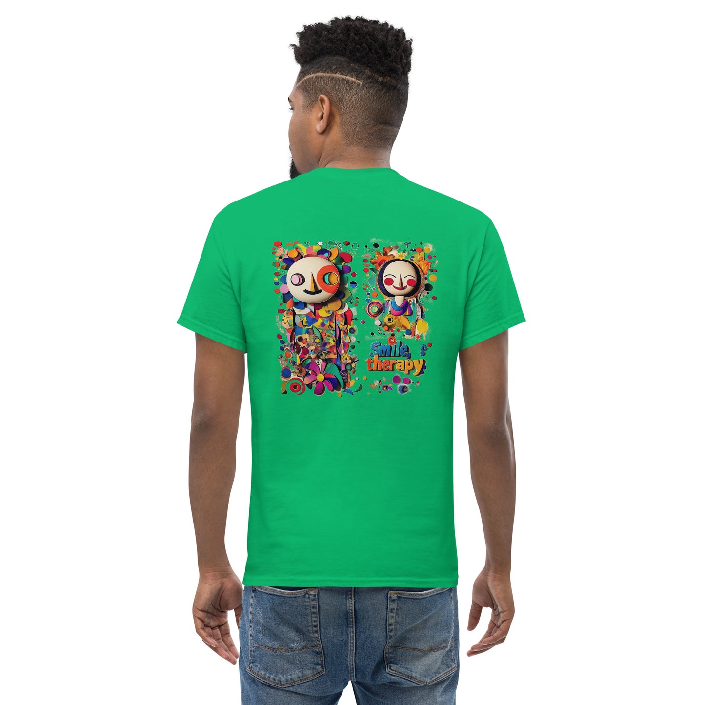 Green unisex T-shirt – Colorful abstract art design, back view.