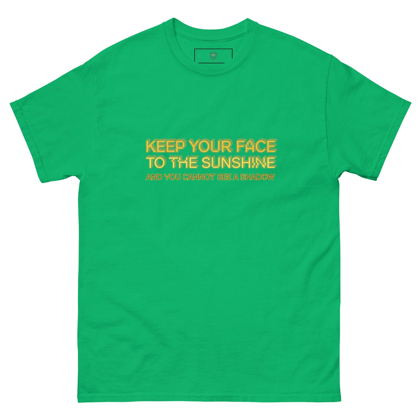 Green unisex T-shirt — back print: colorful illustrated face, front text: LOSING MY MIND LOVE CHAOS