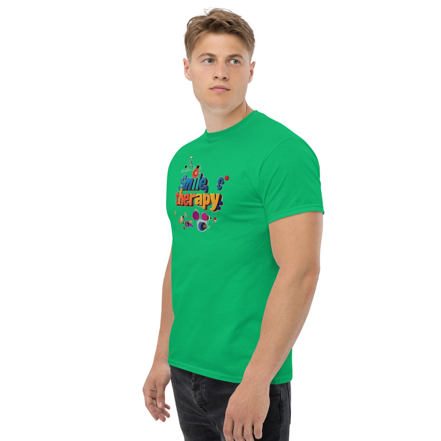 Green unisex T-shirt – Colorful abstract art design, front view.
