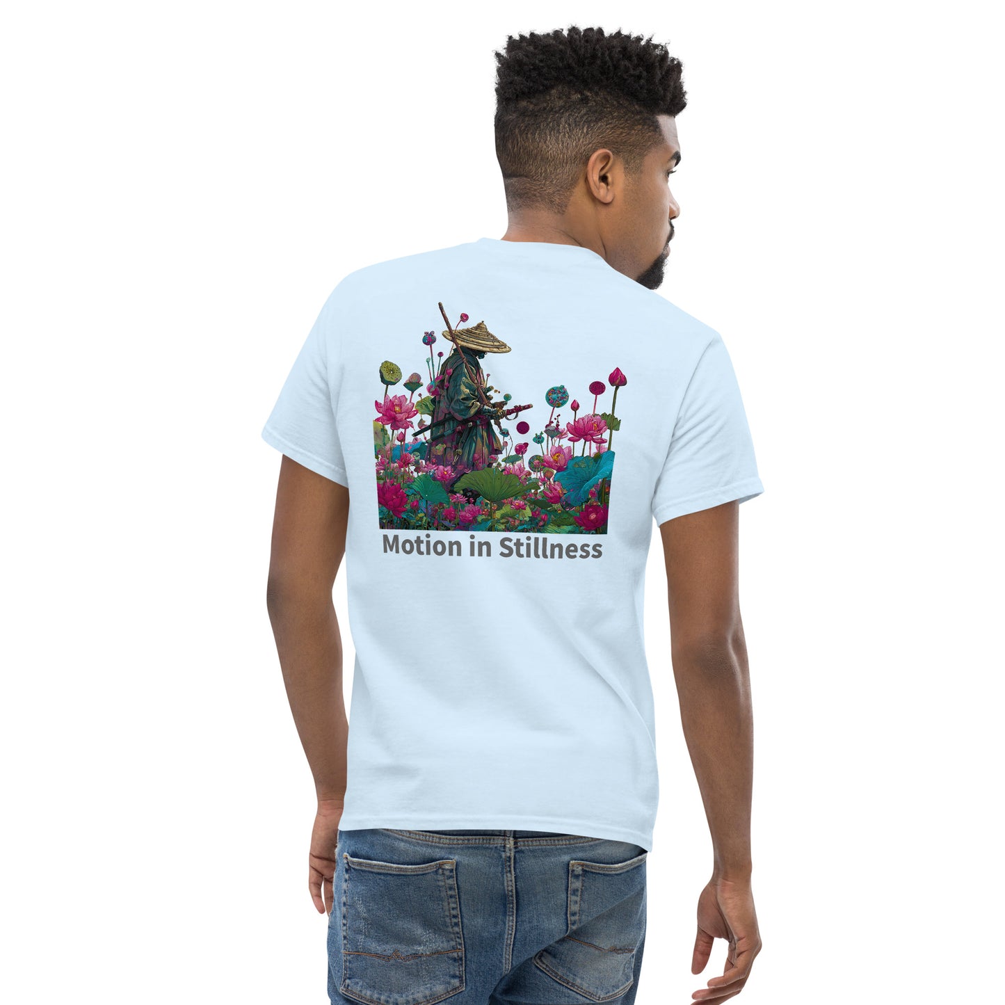 Light blue unisex T-shirt – Strength in Stillness samurai design, back view.