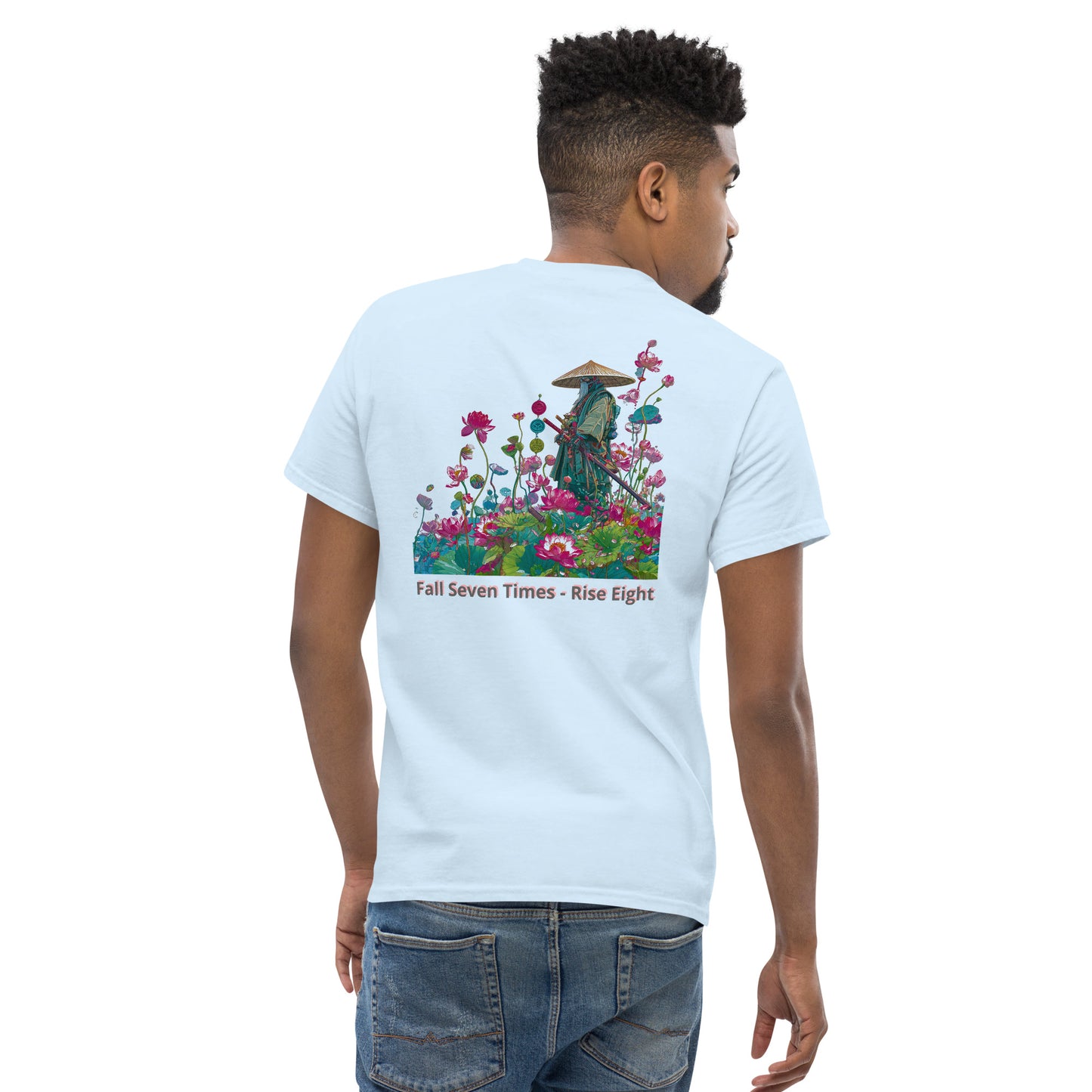 Light blue unisex T-shirt – Fall Seven Times Rise Eight samurai design, back view.