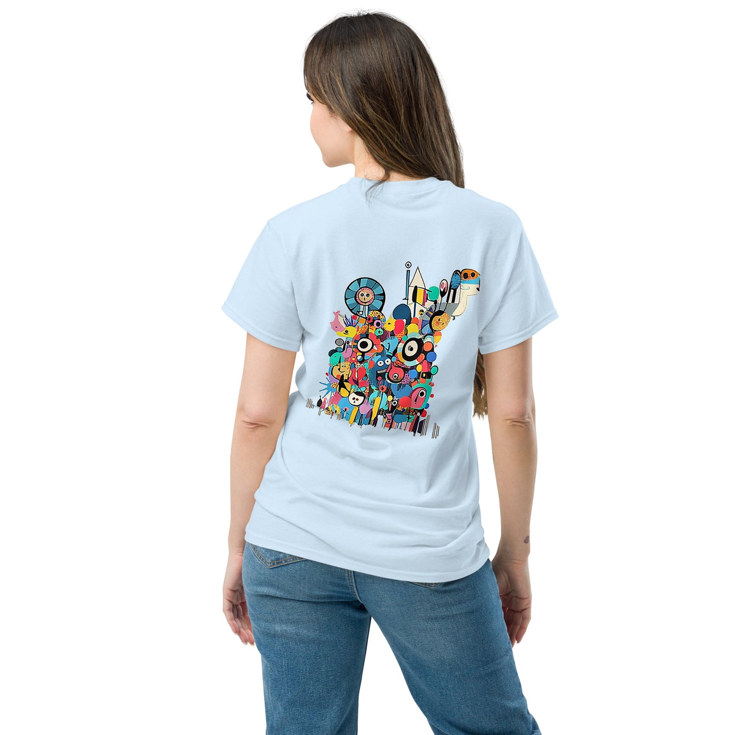 Light blue unisex T-shirt – I Feel Normal rainbow text, front view on female model.