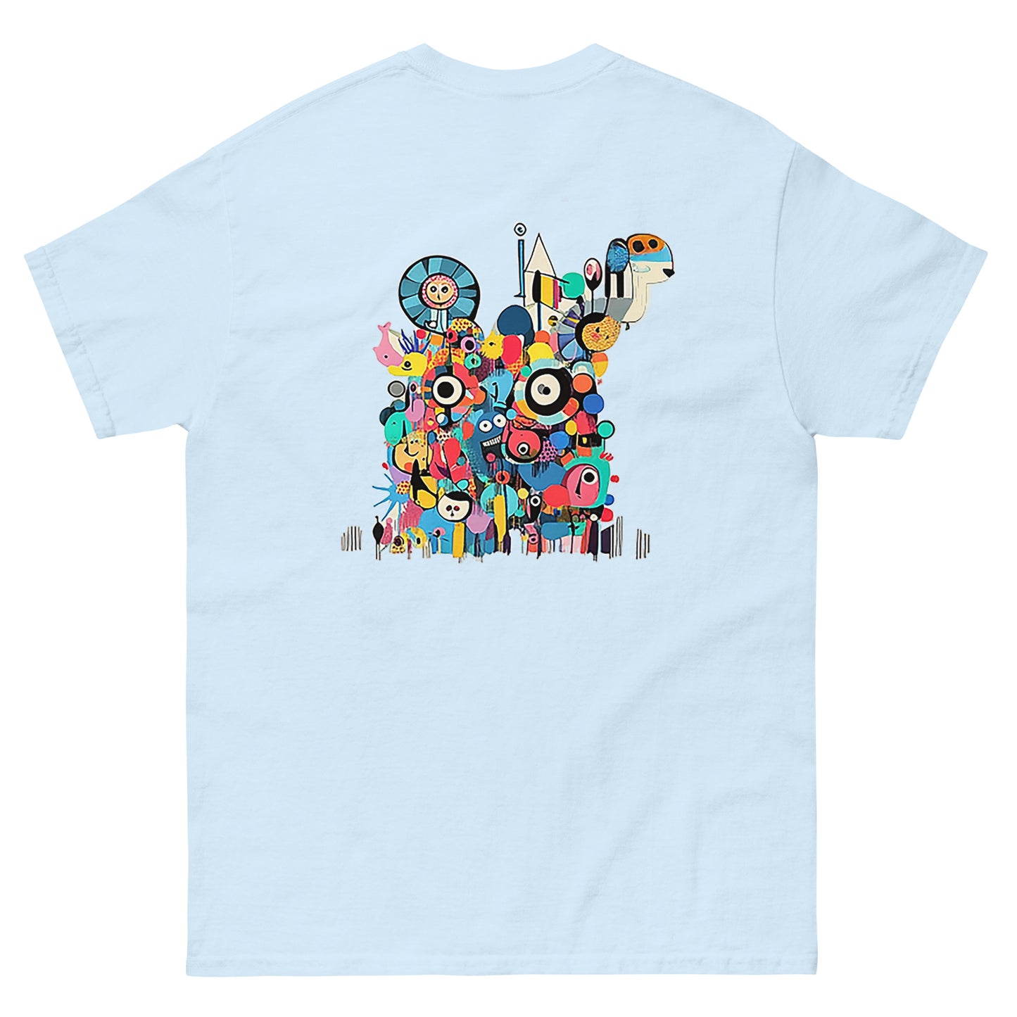 Light blue unisex T-shirt – colorful abstract illustration, back view.