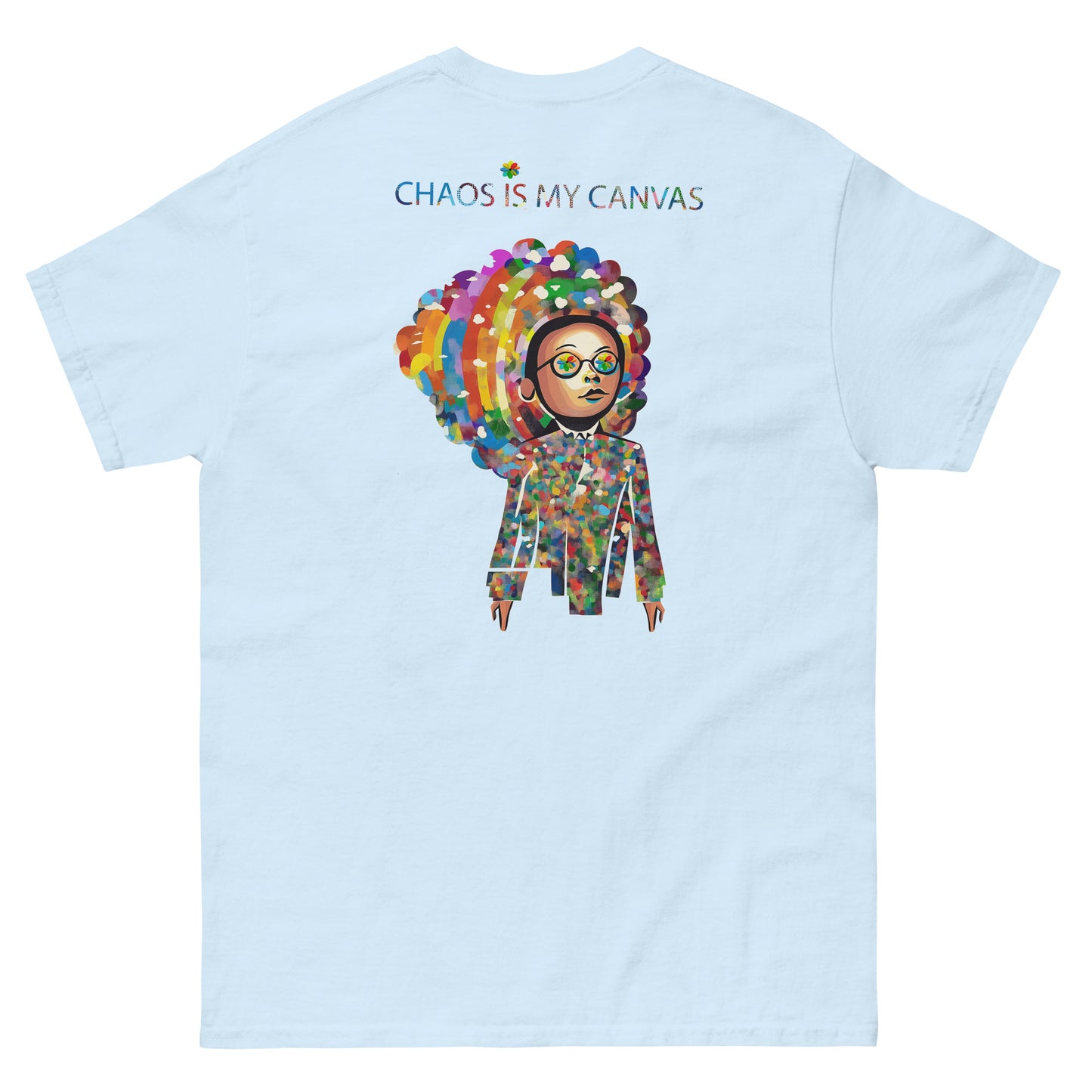 Light blue unisex T-shirt – colorful Japanese pop art portrait, back view.
