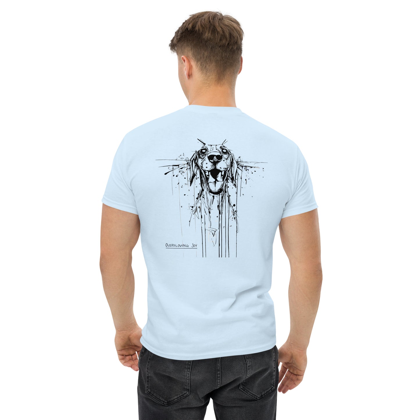 Blue T-shirt, back view, Beagle drawing with "Miss You" slogan.
