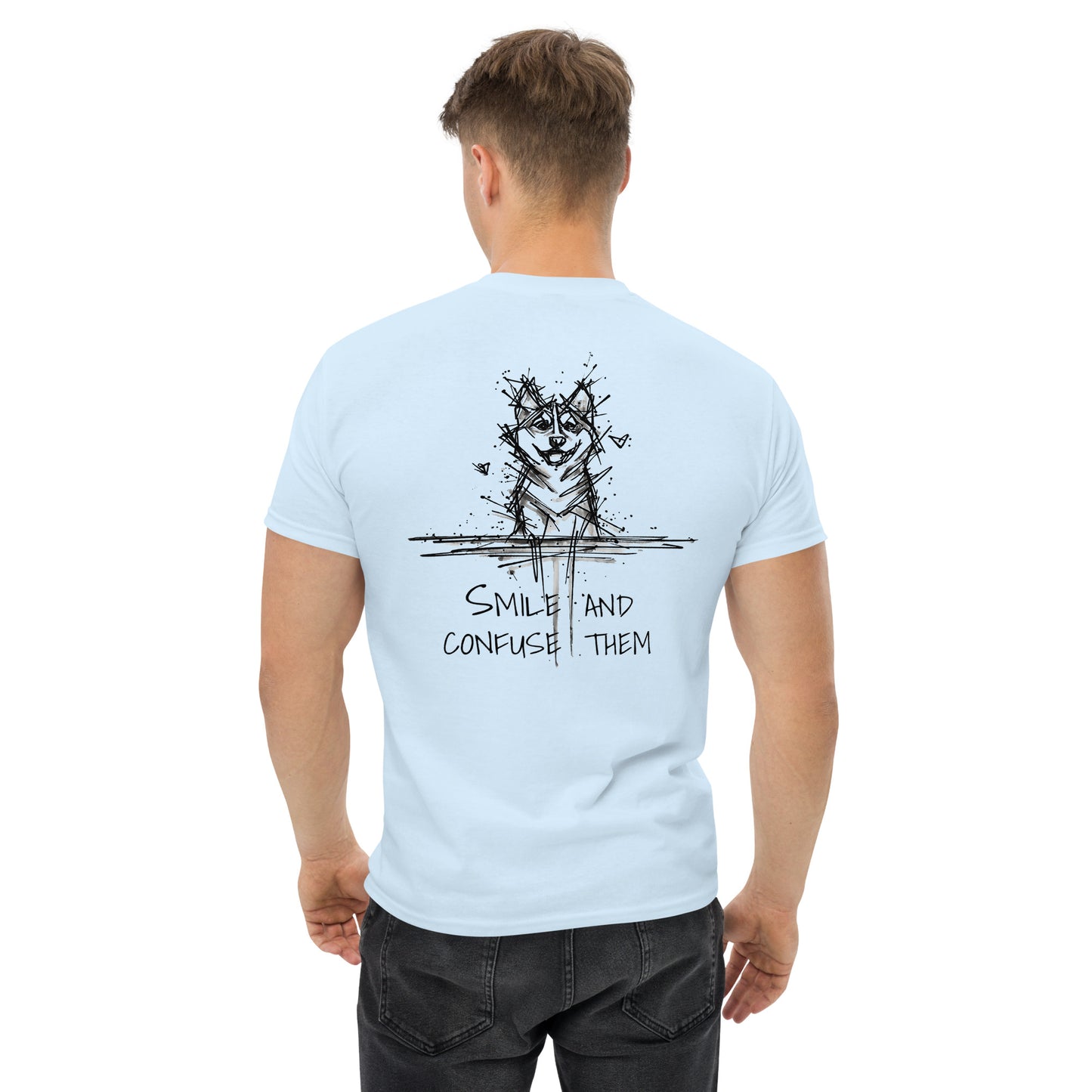Unique back-printed Husky line art in soft blue color. Bold, artistic, and made for those who love to stand out.