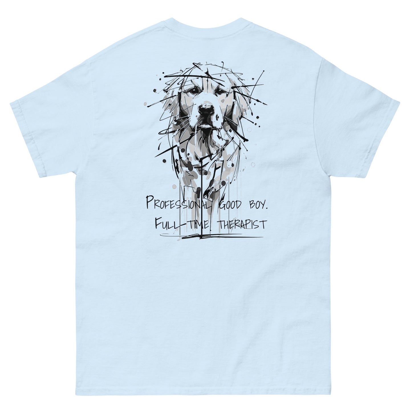 Light blue unisex T-shirt – black ink Golden Retriever dog illustration back view.