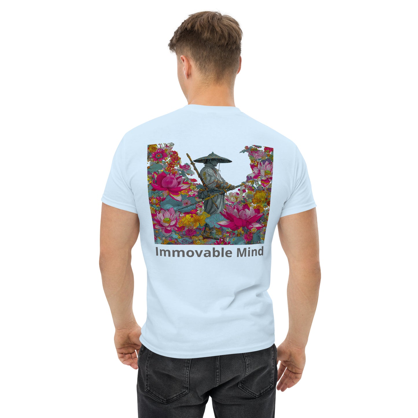 Light blue unisex T-shirt – Immovable samurai design, back view.