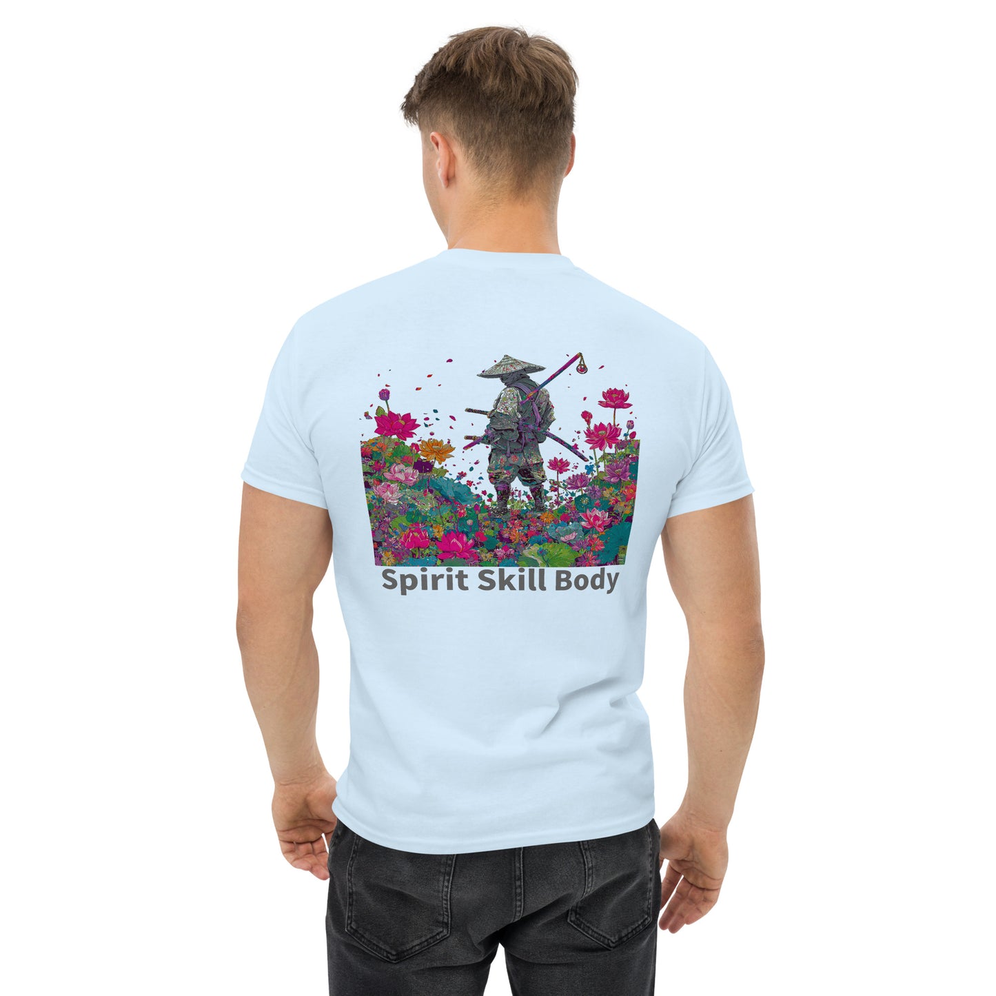 Light blue unisex T-shirt – Spirit Still Burns samurai design, back view.