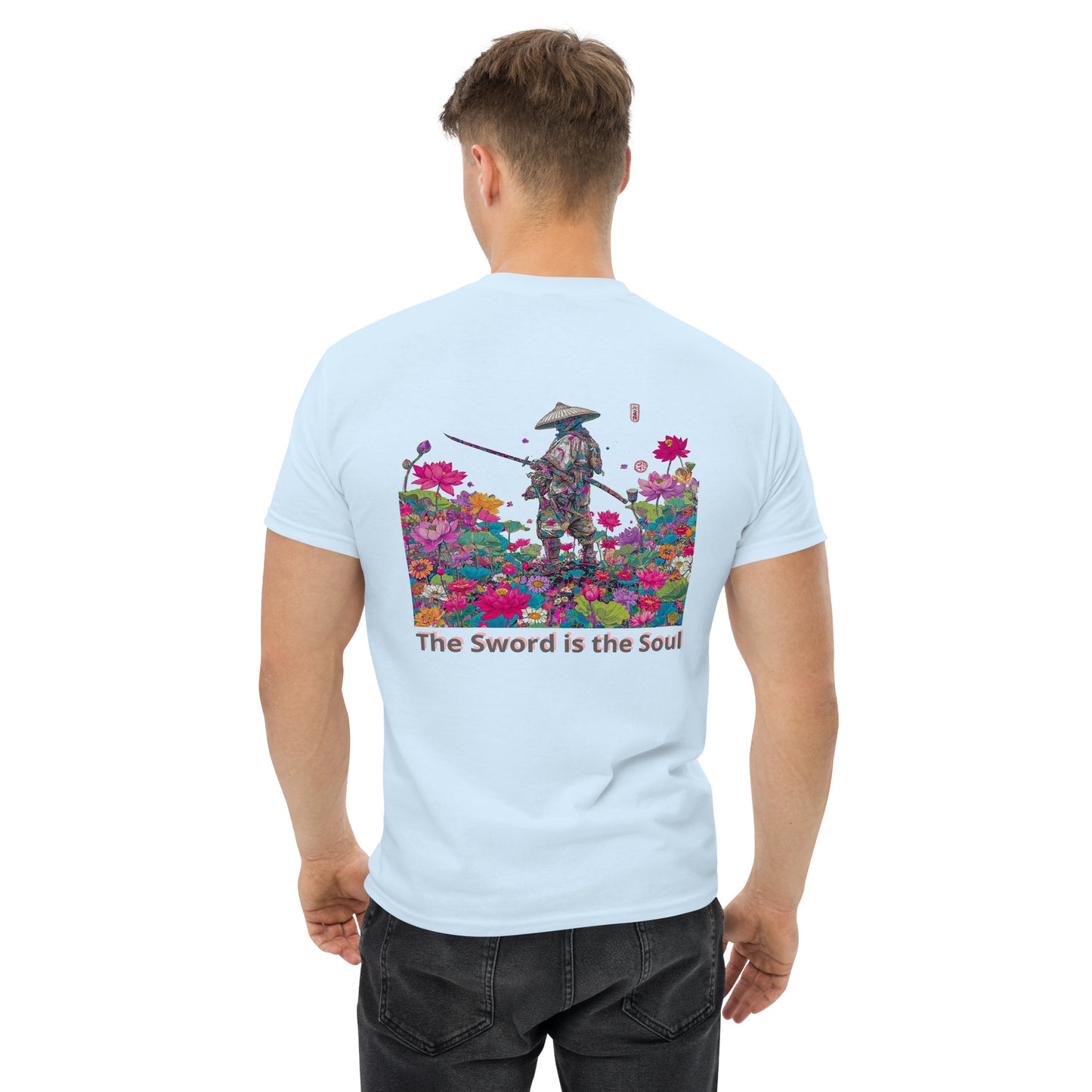 Blue unisex T-shirt – The Sword in the Lotus samurai design, front and back view.