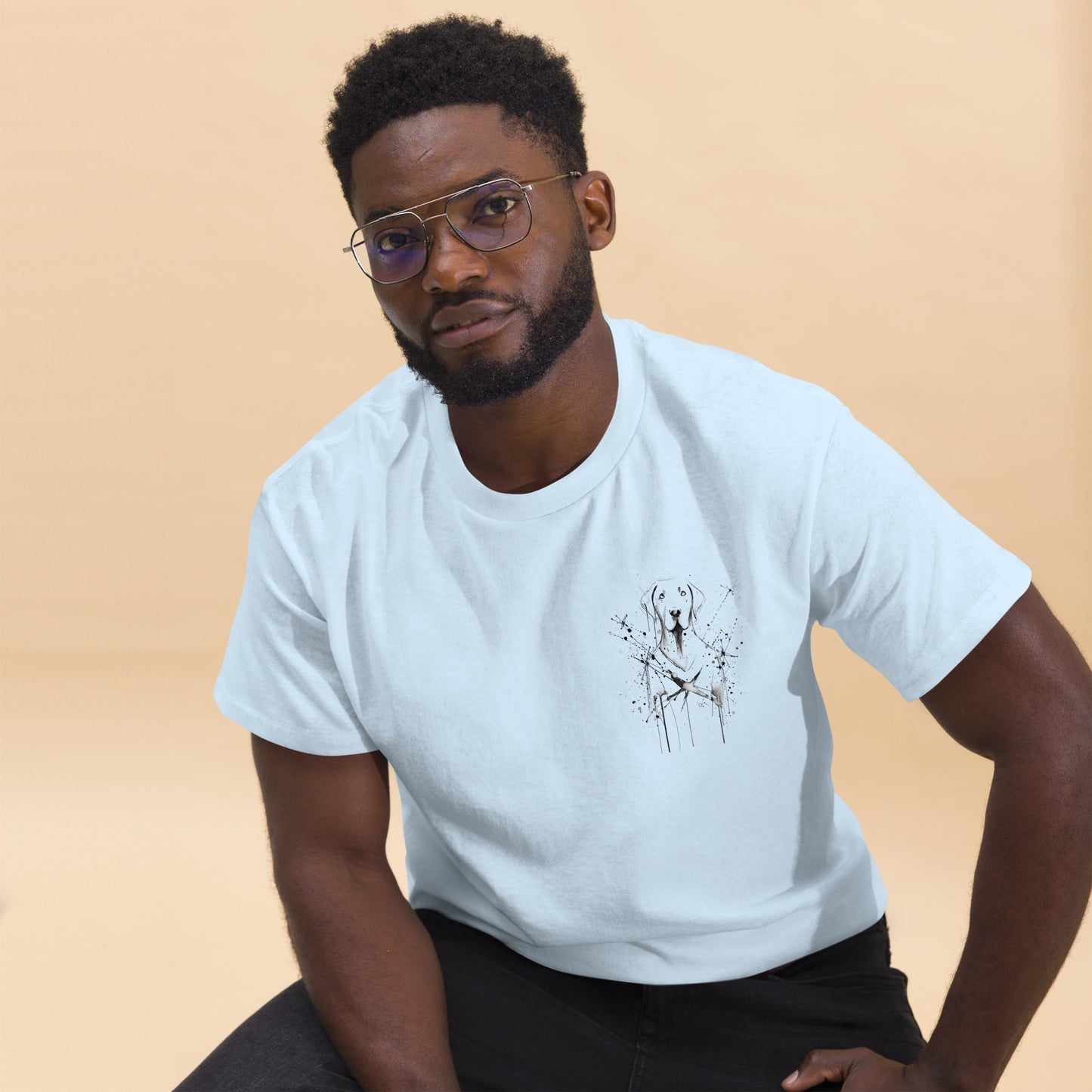 White unisex T-shirt – abstract black line art dog, back view on male model.