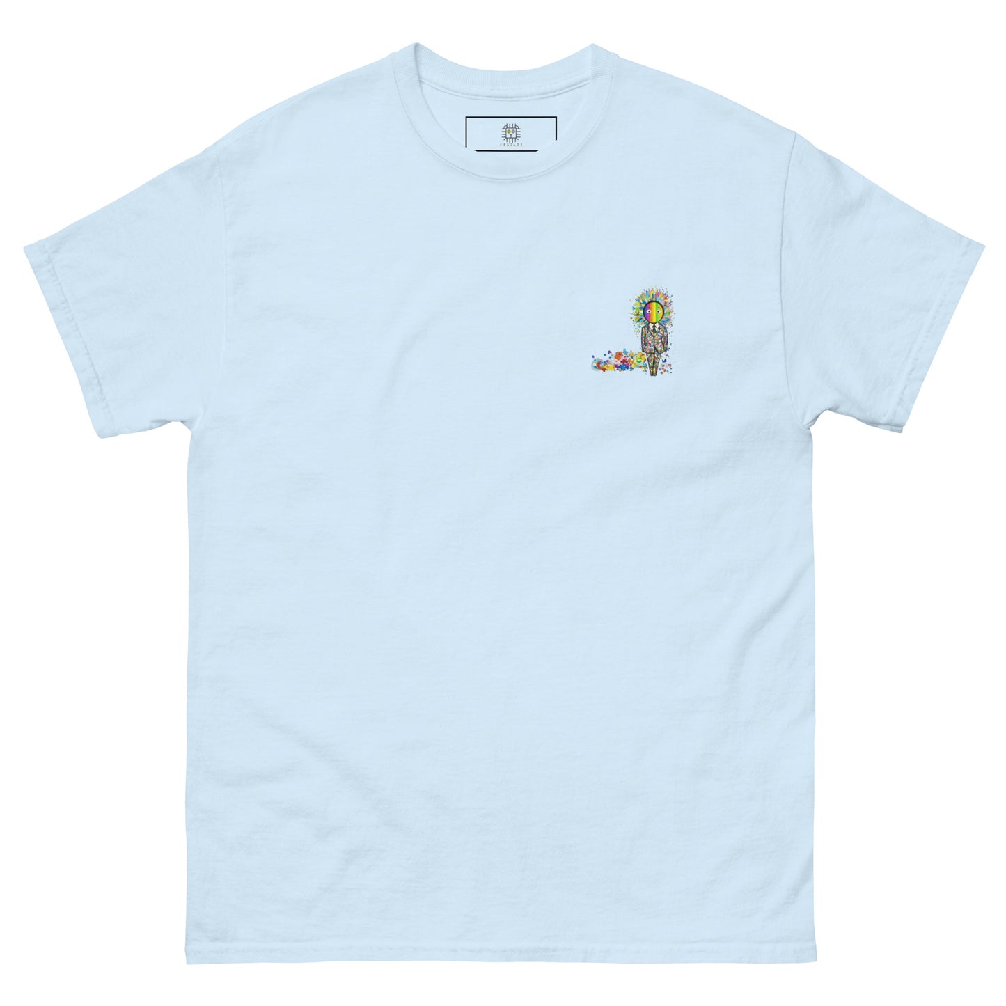 Light blue unisex T-shirt — front left chest small skull graphic