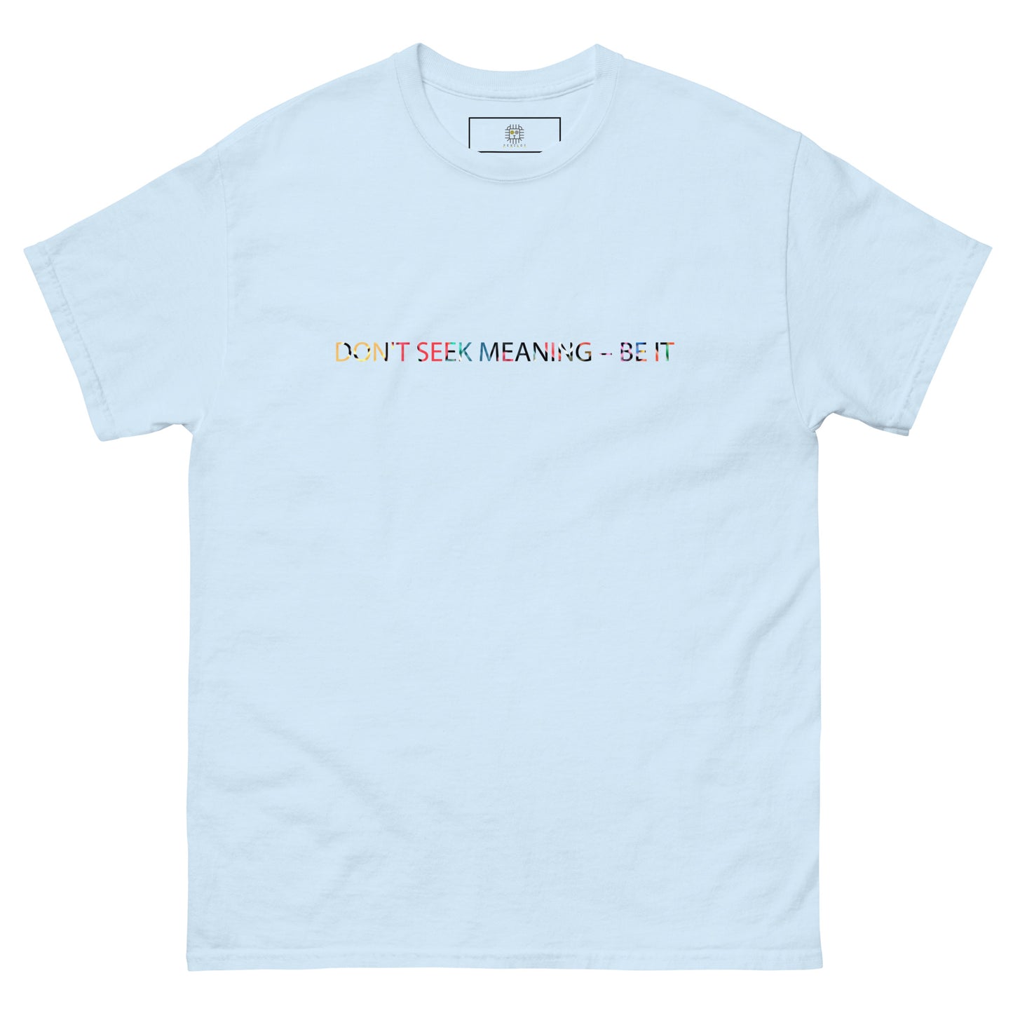 Light blue unisex T-shirt – colorful abstract illustration, front view.