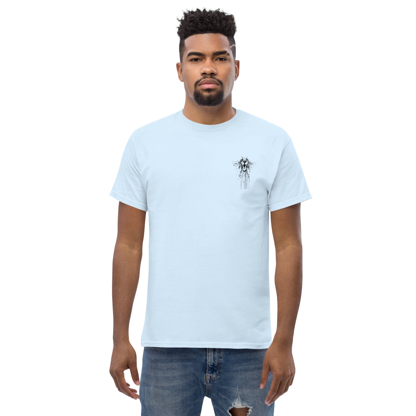 Blue T-shirt, front view, Beagle drawing with "Miss You" slogan.
