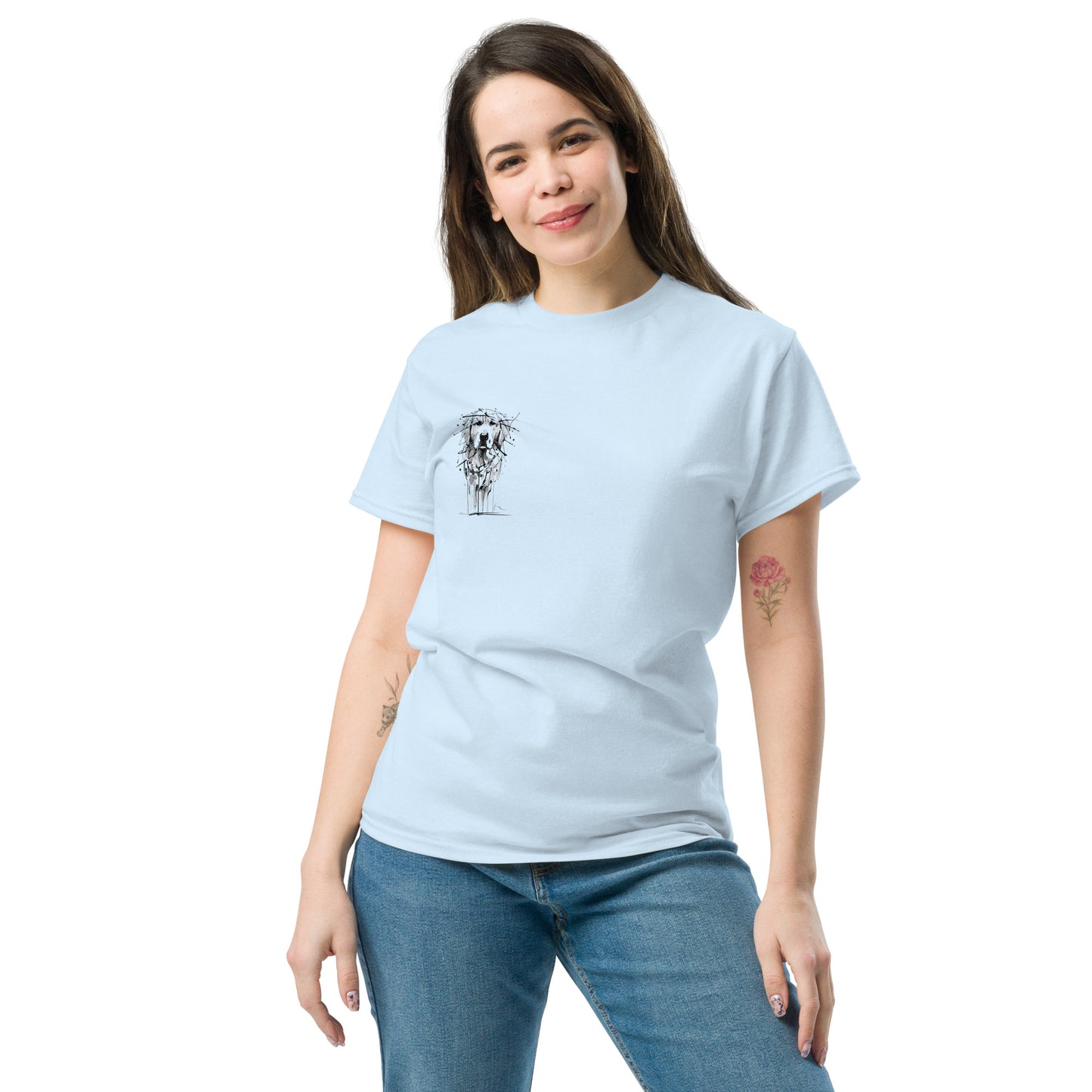 Light blue unisex T-shirt – black ink Golden Retriever dog illustration, front view on female model.