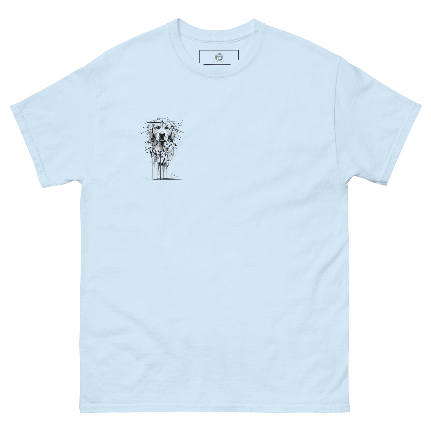Light blue unisex T-shirt – black ink Golden Retriever dog illustration, front view.