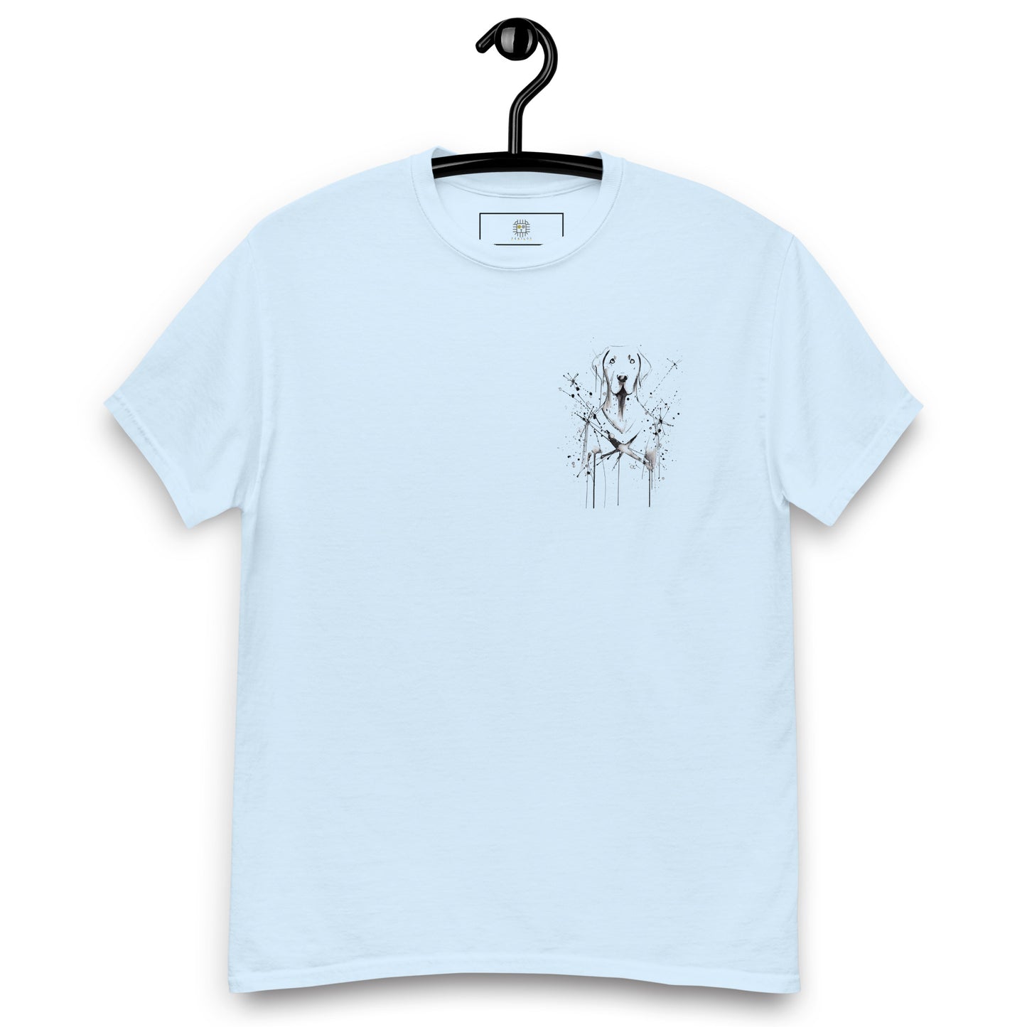 Light blue unisex T-shirt – abstract black line art dog, front view on hanger.