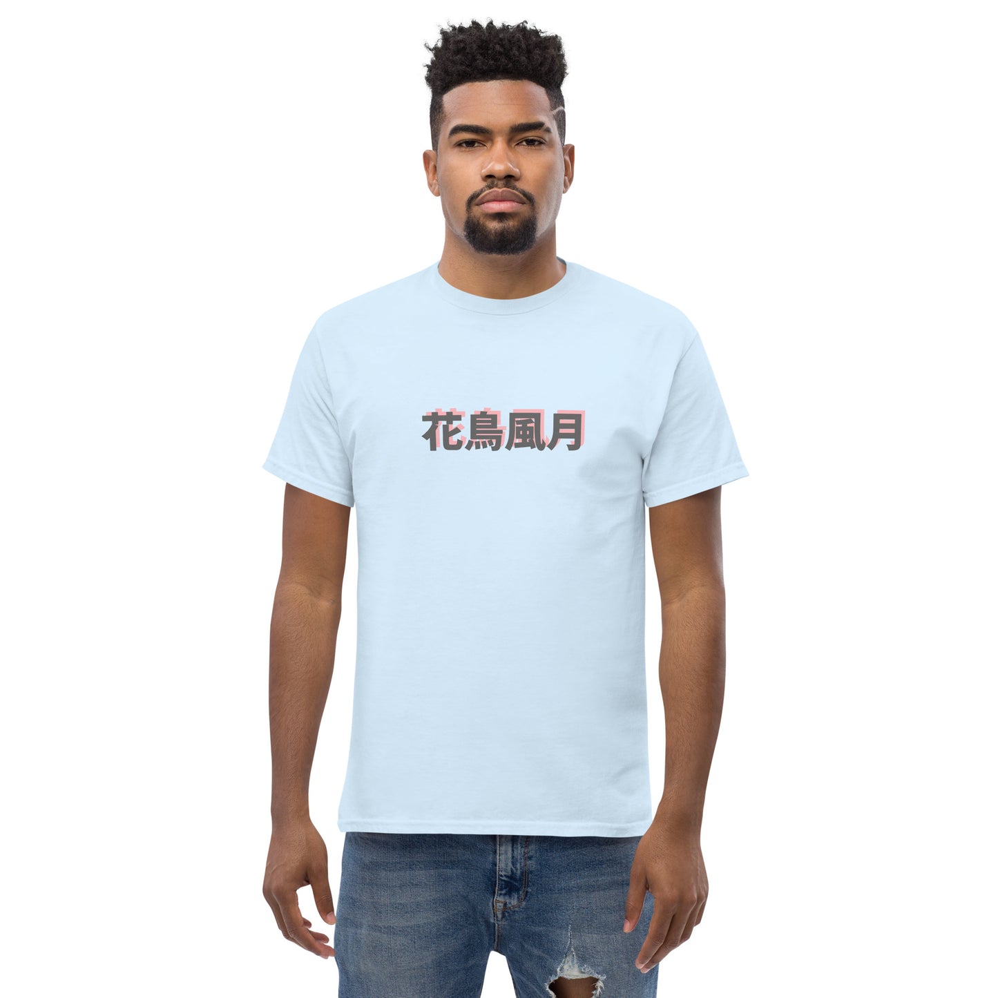 Light blue unisex T-shirt – Flowers and moon samurai design, front view.