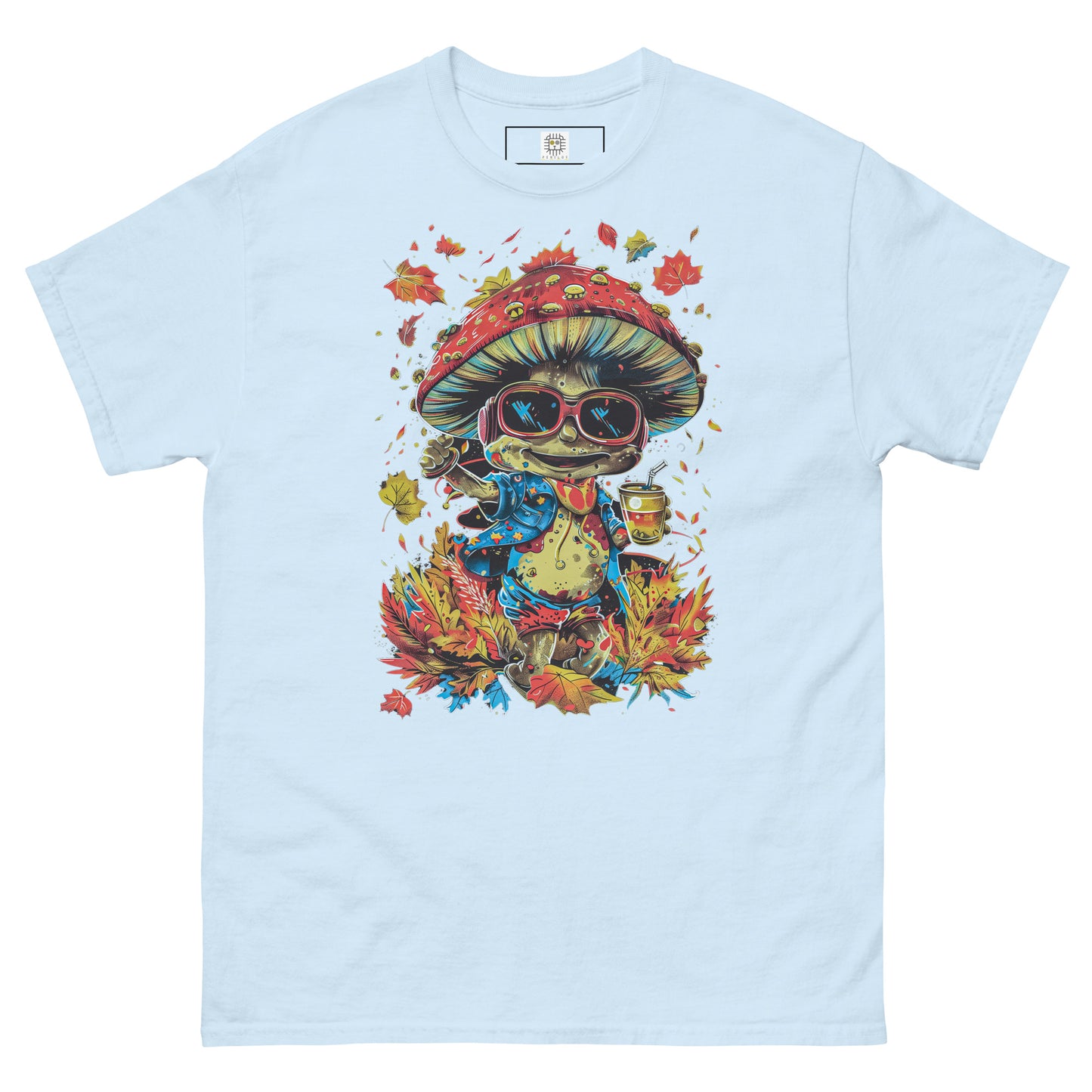 An army-green T-shirt with the mushroom character design displayed flat.