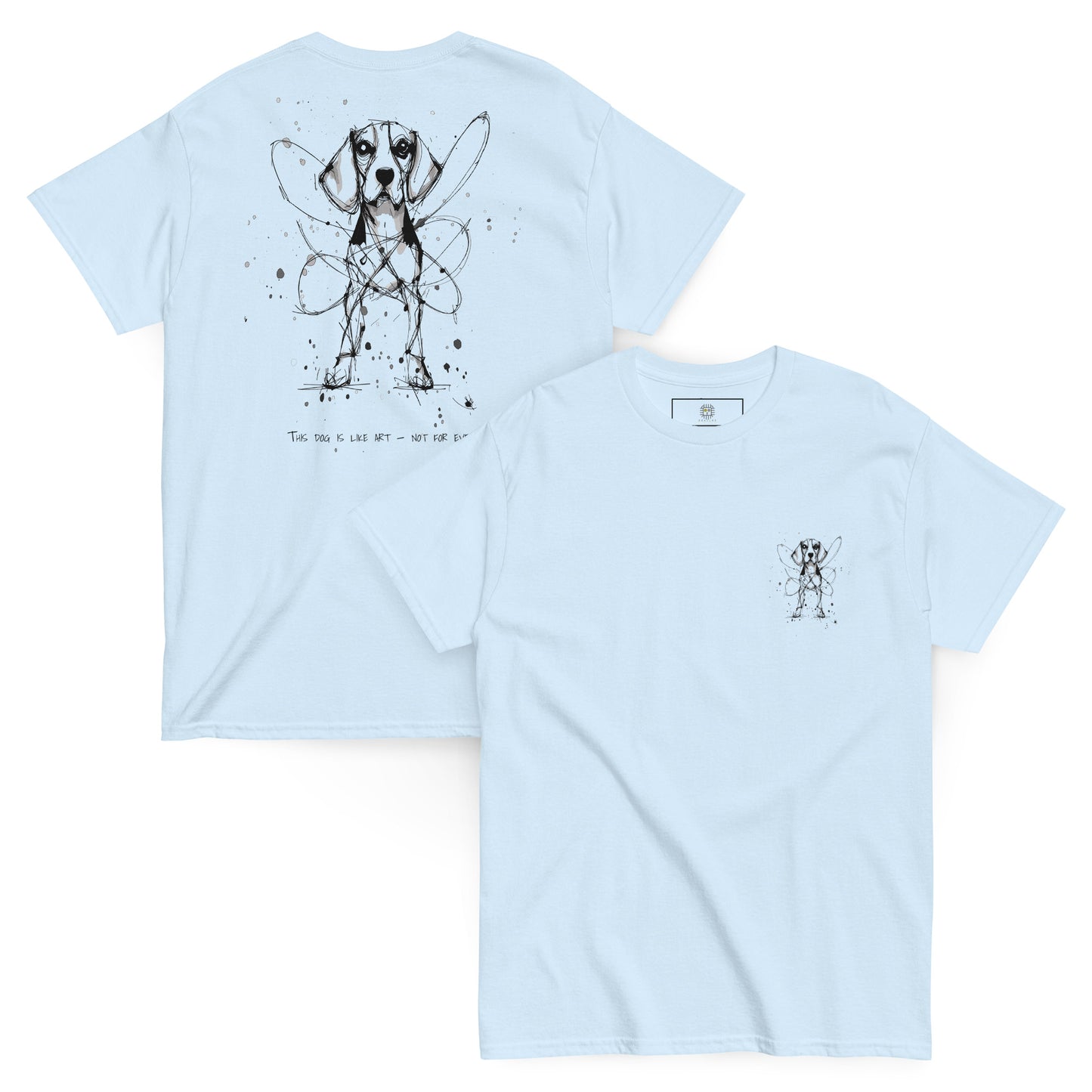 Light blue unisex T-shirt – black ink Beagle dog illustration, front and back view.