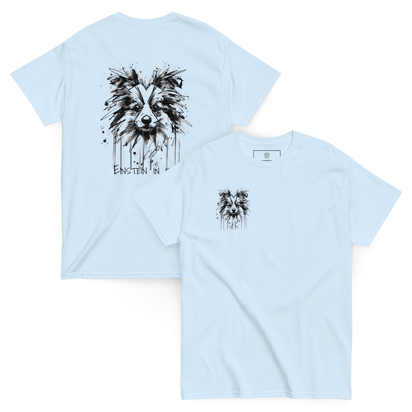 Light blue unisex T-shirt – black ink Border Collie dog illustration, front and back view.