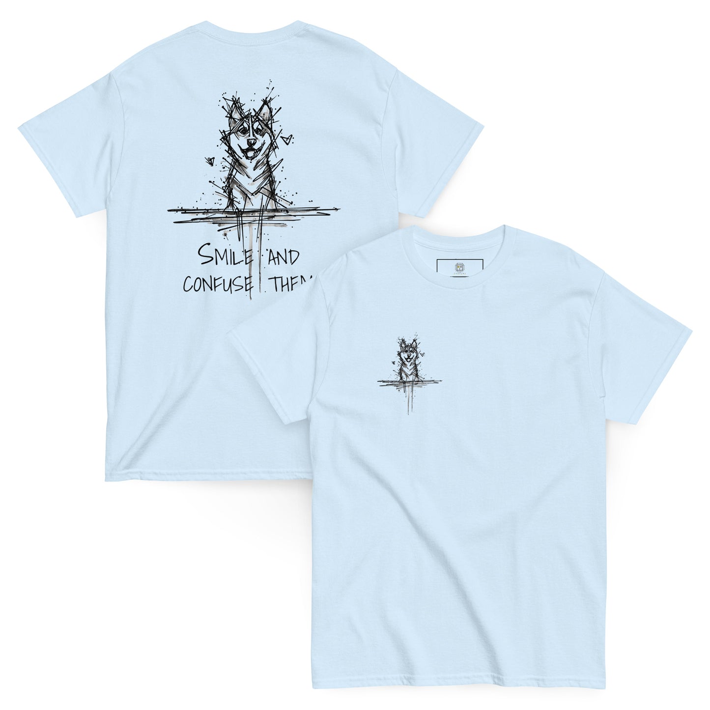 Light blue unisex T-shirt, front and back view. Features hand-drawn Siberian Husky and text "Confuse". Part of Pekilot’s Unleashed Lines.