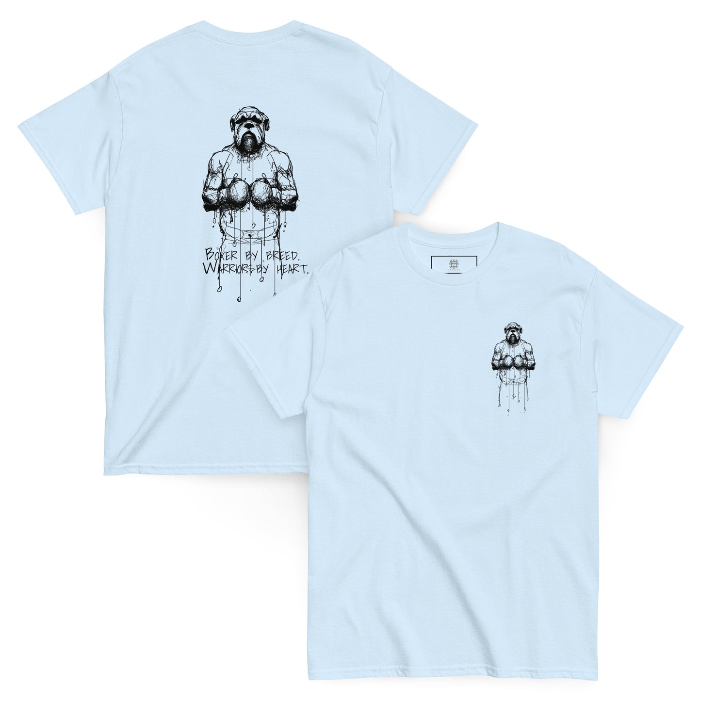 Twin light blue unisex T-shirts with Pekilot’s Boxer illustration. Vibrant and unique choice for casual everyday wear.