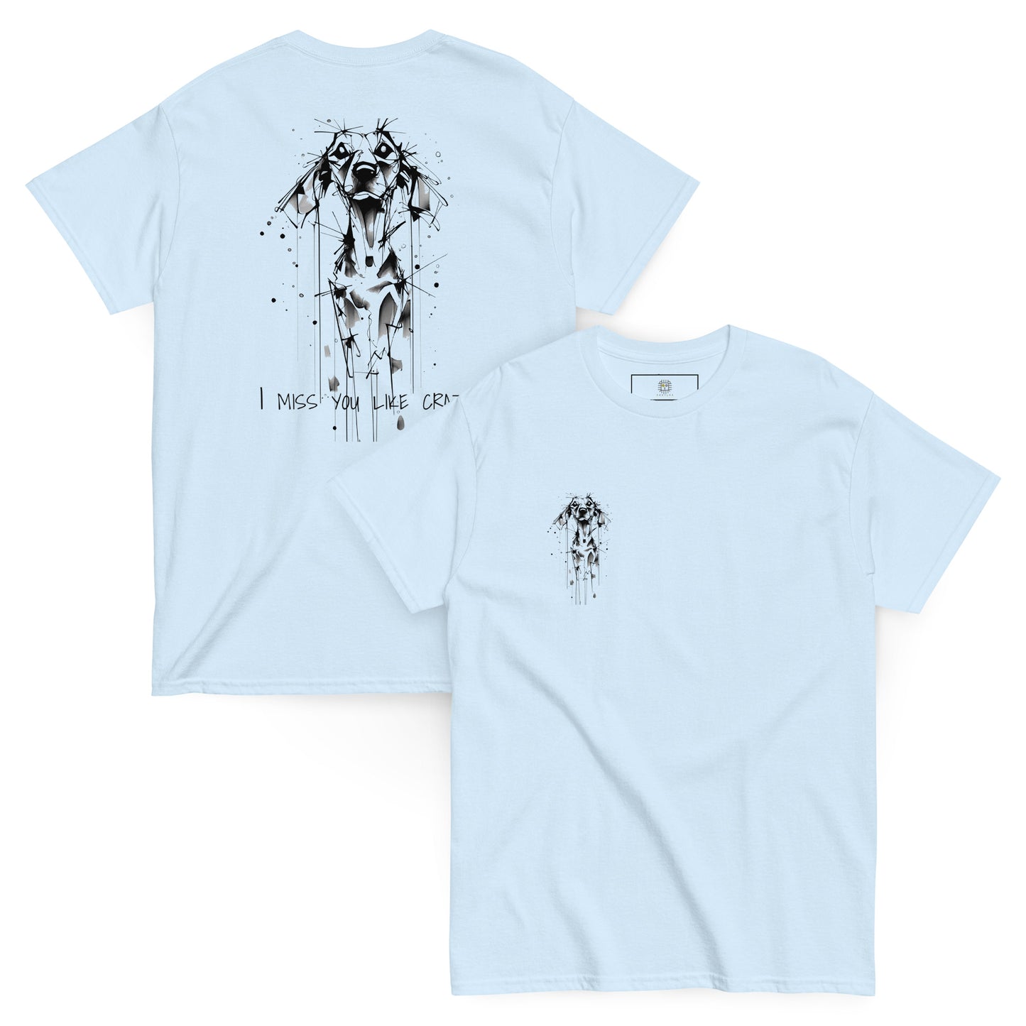 Light blue unisex T-shirt – black ink Beagle dog illustration, front and back view.