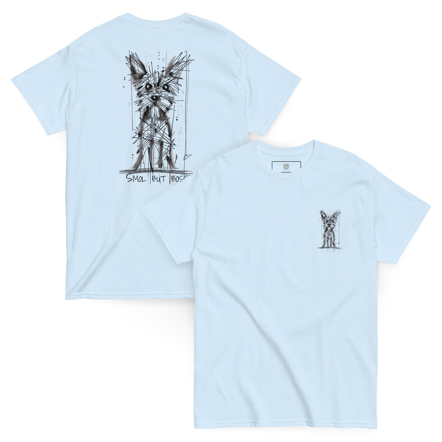 Light blue unisex T-shirt – black ink Yorkshire Terrier dog illustration, front and back view.